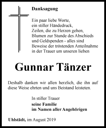 Traueranzeige von Gunnar Tänzer von Ostthüringer Zeitung