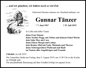 Traueranzeige von Gunnar Tänzer von Ostthüringer Zeitung