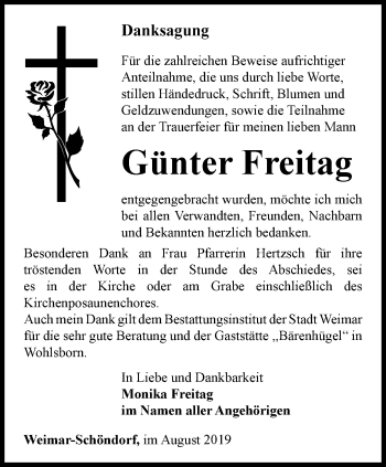 Traueranzeige von Günter Freitag von Thüringer Allgemeine, Thüringische Landeszeitung