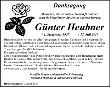 Traueranzeige von Günter Heubner von Ostthüringer Zeitung