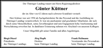 Traueranzeige von Günter Küttner von Thüringer Allgemeine, Thüringische Landeszeitung