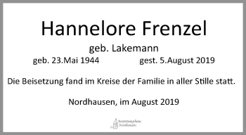 Traueranzeige von Hannelore Frenzel von Thüringer Allgemeine