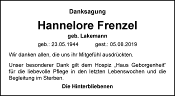 Traueranzeige von Hannelore Frenzel von Thüringer Allgemeine