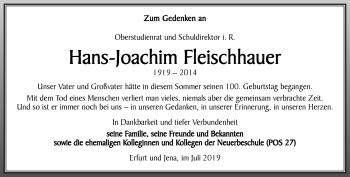 Traueranzeige von Hans-Joachim Fleischhauer