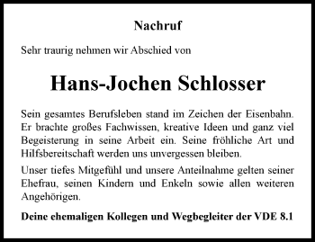 Traueranzeige von Hans-Jochen Schlosser von Thüringer Allgemeine