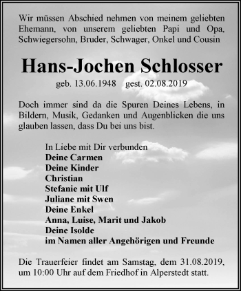 Traueranzeige von Hans-Jochen Schlosser von Thüringer Allgemeine, Thüringische Landeszeitung