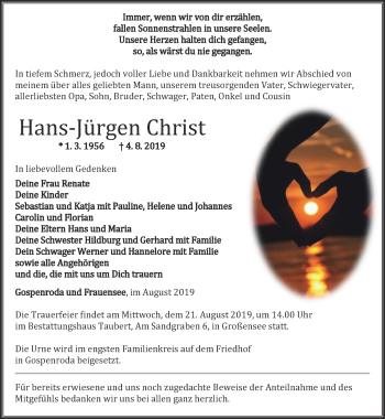 Traueranzeige von Hans-Jürgen Christ von Thüringer Allgemeine, Thüringische Landeszeitung