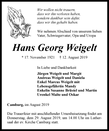 Traueranzeige von Hans Georg Weigelt von Ostthüringer Zeitung, Thüringische Landeszeitung