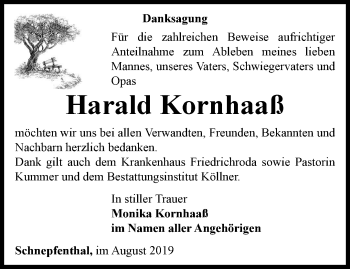 Traueranzeige von Harald Kornhaaß von Ostthüringer Zeitung, Thüringische Landeszeitung
