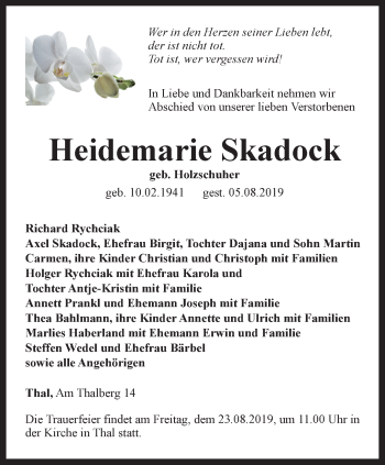 Traueranzeige von Heidemarie Skadock von Thüringer Allgemeine, Thüringische Landeszeitung