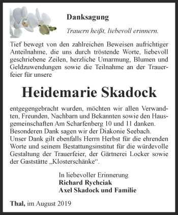 Traueranzeige von Heidemarie Skadock von Thüringer Allgemeine, Thüringische Landeszeitung