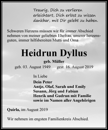 Traueranzeige von Heidrun Dyllus von Ostthüringer Zeitung