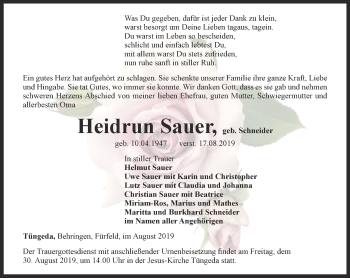 Traueranzeige von Heidrun Sauer von Thüringer Allgemeine, Thüringische Landeszeitung