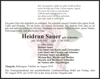 Traueranzeige von Heidrun Sauer von Thüringer Allgemeine, Thüringische Landeszeitung