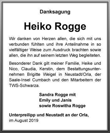 Traueranzeige von Heiko Rogge von Ostthüringer Zeitung