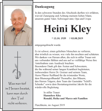 Traueranzeige von Heini Kley von Thüringer Allgemeine, Thüringische Landeszeitung