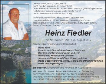 Traueranzeige von Heinz Fiedler von Thüringer Allgemeine