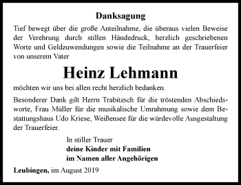 Traueranzeige von Heinz Lehmann von Thüringer Allgemeine