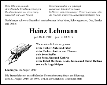 Traueranzeige von Heinz Lehmann von Thüringer Allgemeine