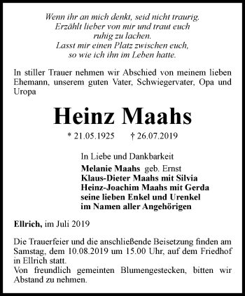 Traueranzeige von Heinz Maahs von Thüringer Allgemeine