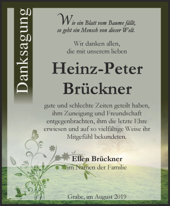 Traueranzeige von Heinz-Peter Brückner von Thüringer Allgemeine, Thüringische Landeszeitung