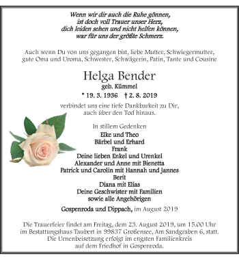 Traueranzeige von Helga Bender von Thüringer Allgemeine, Thüringische Landeszeitung