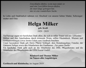 Traueranzeige von Helga Milker von Ostthüringer Zeitung