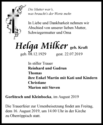 Traueranzeige von Helga Milker von Ostthüringer Zeitung