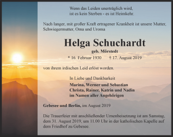 Traueranzeige von Helga Schuchardt von Thüringer Allgemeine, Thüringische Landeszeitung