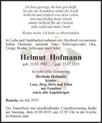 Traueranzeige von Helmut Hofmann von Thüringer Allgemeine, Thüringische Landeszeitung