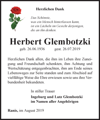 Traueranzeige von Herbert Glembotzki von Ostthüringer Zeitung