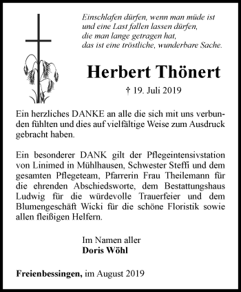 Traueranzeige von Herbert Thönert von Thüringer Allgemeine