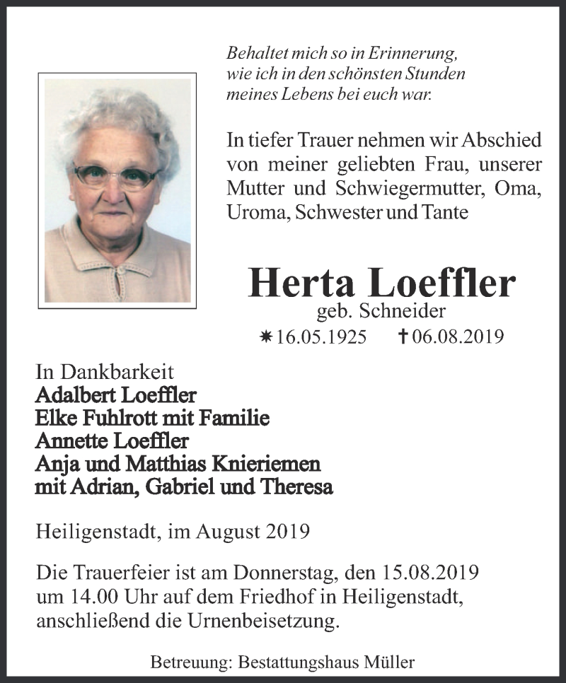  Traueranzeige für Herta Loeffler vom 10.08.2019 aus Thüringer Allgemeine