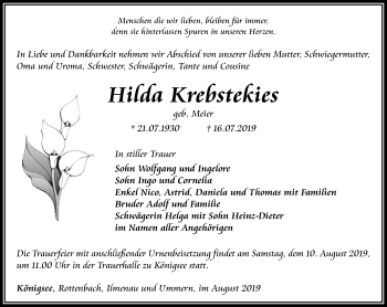 Traueranzeige von Hilda Krebstekies von Ostthüringer Zeitung