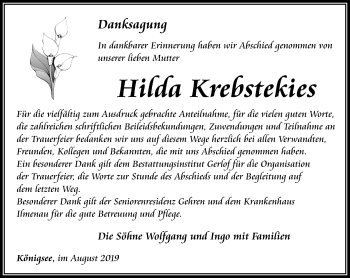 Traueranzeige von Hilda Krebstekies von Ostthüringer Zeitung