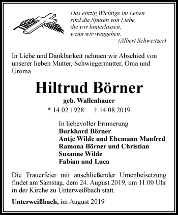 Traueranzeige von Hiltrud Börner von Ostthüringer Zeitung