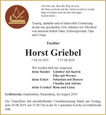 Traueranzeige von Horst Griebel von Thüringer Allgemeine