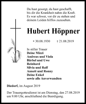 Traueranzeige von Hubert Höppner von Thüringer Allgemeine, Thüringische Landeszeitung