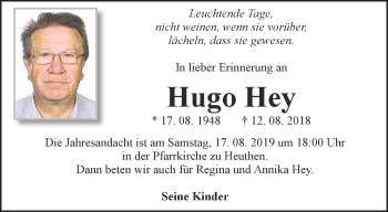 Traueranzeige von Hugo Hey von Thüringer Allgemeine