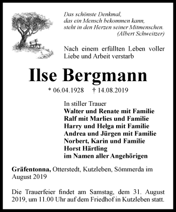 Traueranzeige von Ilse Bergmann von Thüringer Allgemeine, Thüringische Landeszeitung