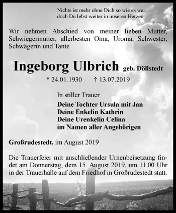 Traueranzeige von Ingeborg Ulbrich von Thüringer Allgemeine, Thüringische Landeszeitung