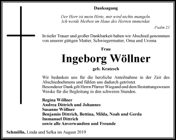 Traueranzeige von Ingeborg Wöllner von Ostthüringer Zeitung