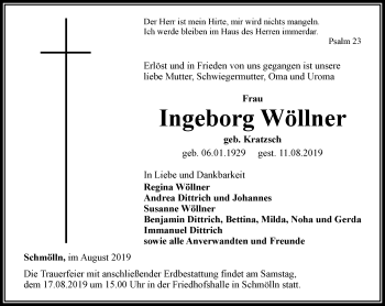 Traueranzeige von Ingeborg Wöllner von Ostthüringer Zeitung