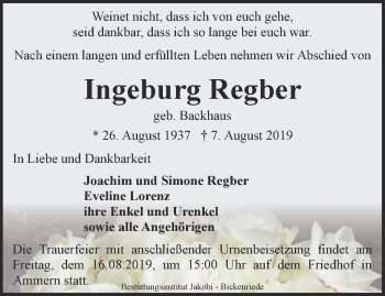 Traueranzeige von Ingeburg Regber von Thüringer Allgemeine, Thüringische Landeszeitung