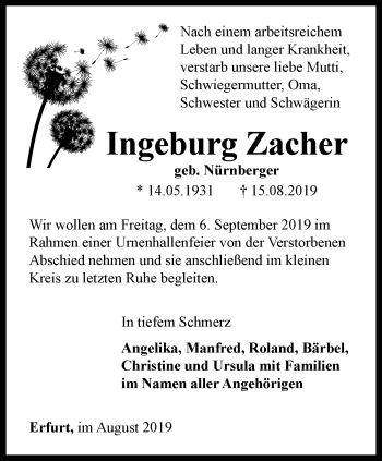 Traueranzeige von Ingeburg Zacher von Thüringer Allgemeine, Thüringische Landeszeitung