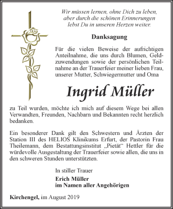 Traueranzeige von Ingrid Müller von Thüringer Allgemeine