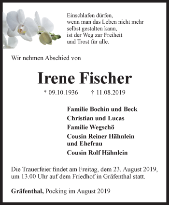 Traueranzeige von Irene Fischer von Ostthüringer Zeitung