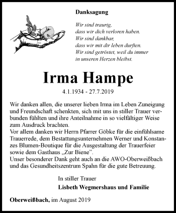 Traueranzeige von Irma Hampe von Ostthüringer Zeitung