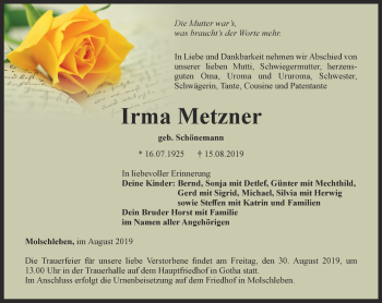 Traueranzeige von Irma Metzner von Ostthüringer Zeitung, Thüringische Landeszeitung