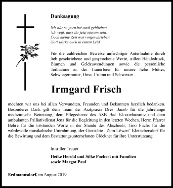 Traueranzeige von Irmgard Frisch von Ostthüringer Zeitung